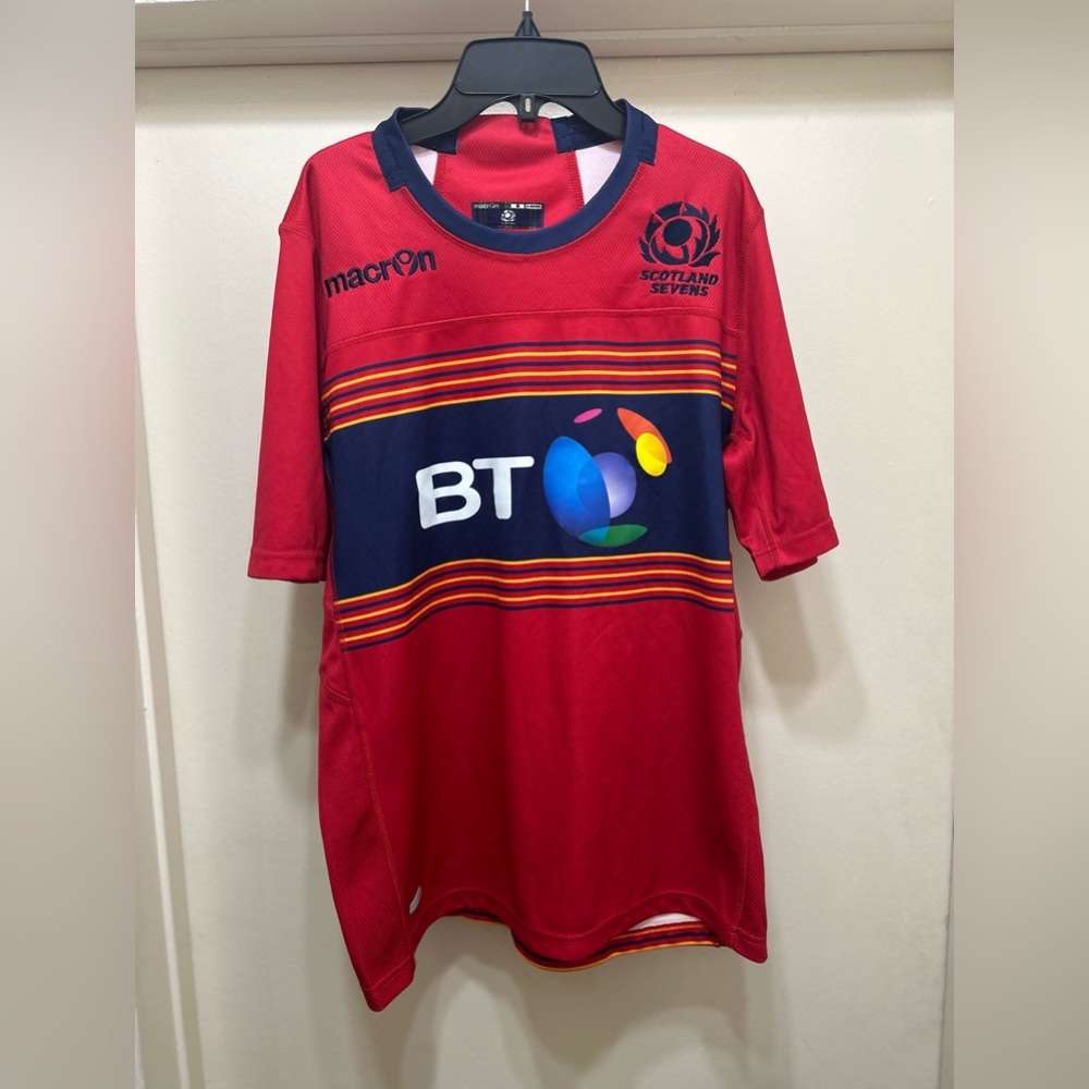 Macron Scotland Sevens Rugby Jersey Shirt Mens Size Medium Embroidered Flag Red